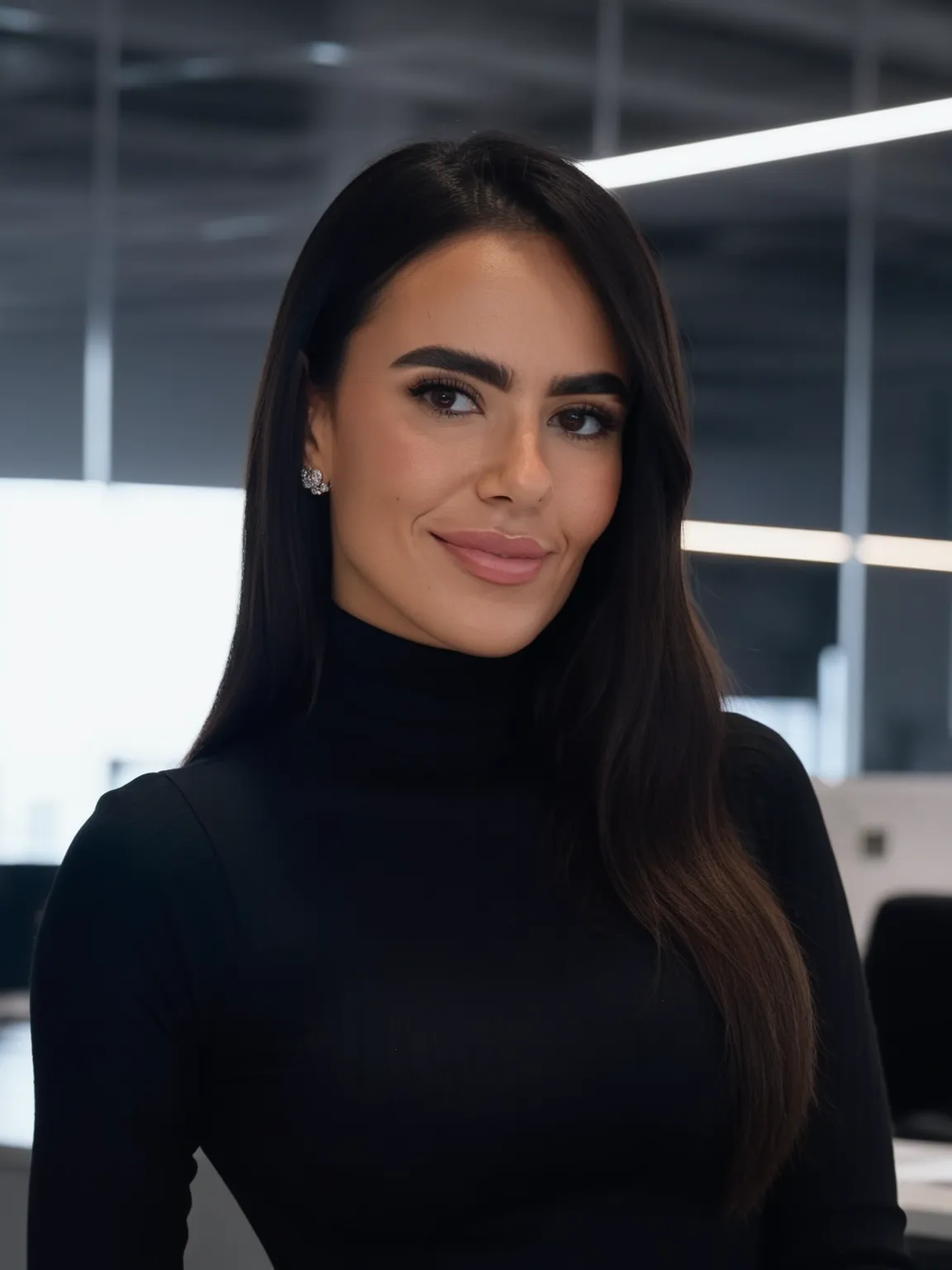 Portrait IA d'une femme en col roulé noir, intérieur de bureau avec style