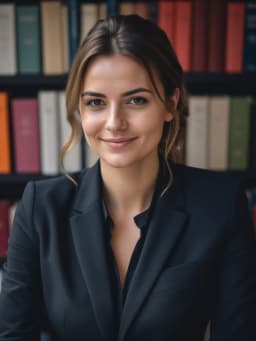 ia photo pro de Femme en costume noir sur fond de bibliothèque