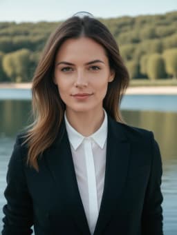 photo professionnelle ia de Femme en costume noir sur fond de lac