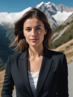 ia photo professionnelle de Femme en costume noir sur fond de montagne