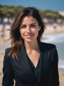 ia photo de Femme en costume noir sur fond de plage