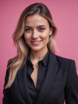 photo professionnelle ia de Femme en costume noir sur fond rose