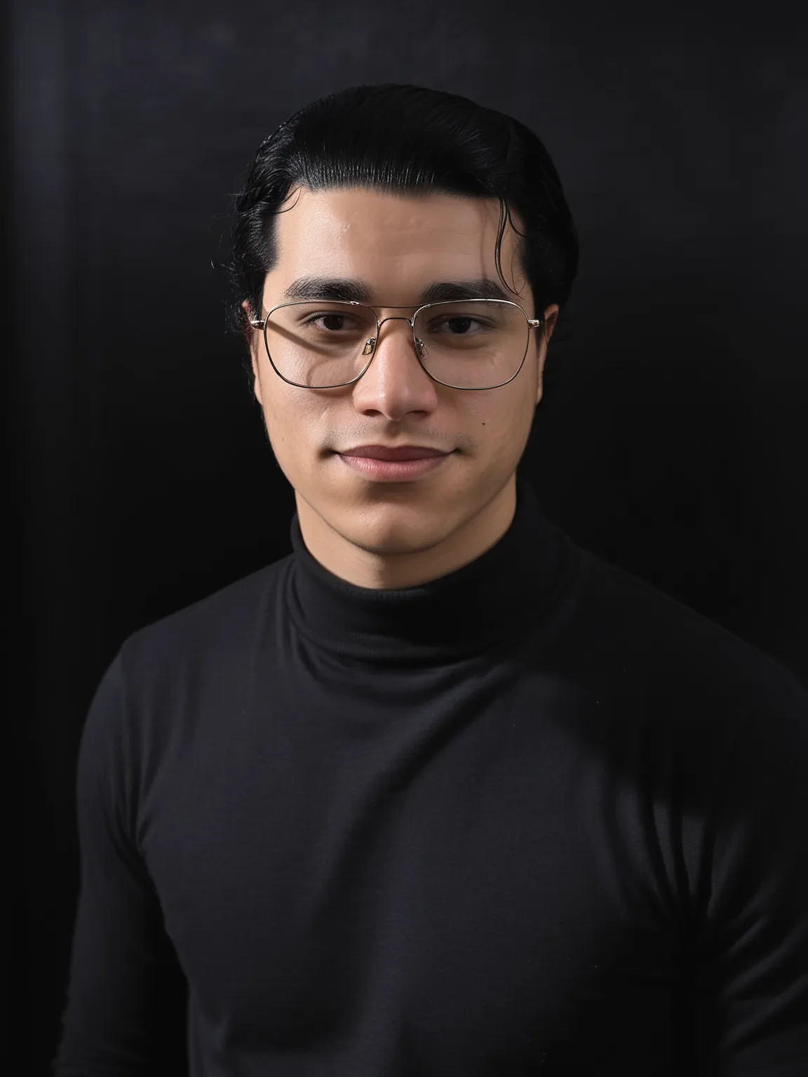 Photo professionnelle IA de l'homme Hamza en col roulé noir sur fond noir, haute qualité fait avec PhotoMaintenant