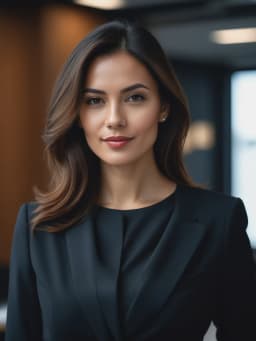 Portrait avec IA par PhotoMaintenant d'une utilisatrice femme en costume noir dans un bureau